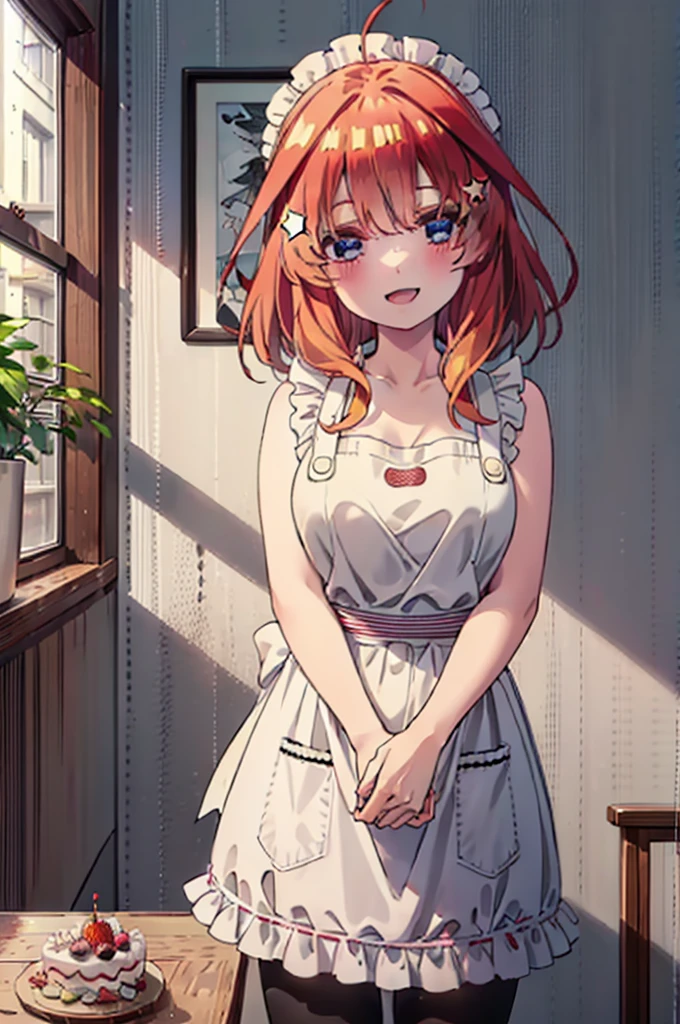 itsukinakano, Itsuki Nakano, bangs, blue eyes, Hair between the eyes, Ahoge, Redhead, star \(symbol\), hair ornaments,happy smile, smile, Open your mouth,cracker, star hair ornaments,Red Tank Top,Long skirt,Black hose,apron,Walking,There is food and a birthday cake on the table,whole bodyがイラストに入るように,
break indoors, room,
break looking at viewer,whole body,
break (masterpiece:1.2), Highest quality, High resolution, unity 8k wallpaper, (figure:0.8), (Beautiful attention to detail:1.6), Highly detailed face, Perfect lighting, Highly detailed CG, (Perfect hands, Perfect Anatomy),