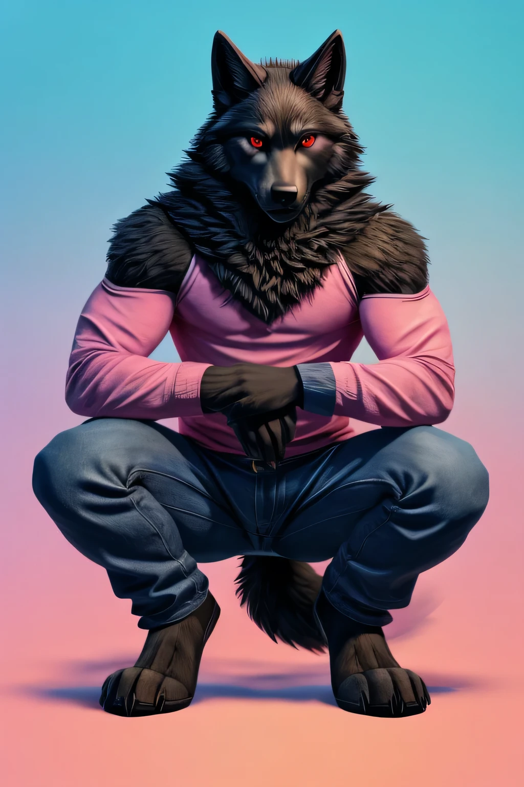 Male black wolf furry squatting legs open pose blue jeans and pink shirts pink blue gradient background red eyes fluffy wolf tail