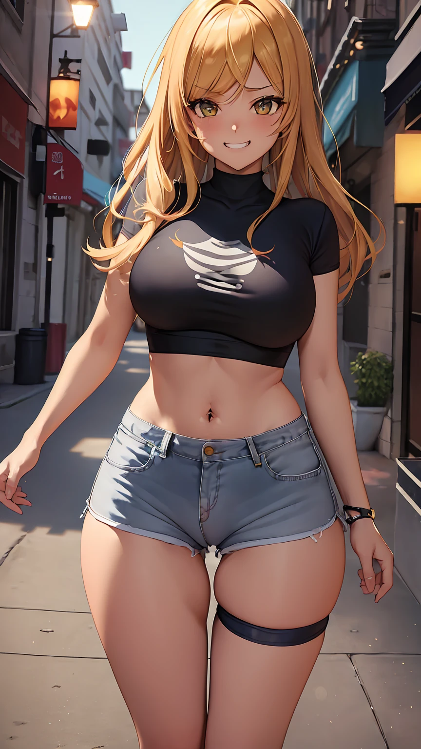 (((((visible pussy outline under shorts))))), 1girl, anime girl, anime, (dark skin), 2d girl, 16y, (fullbody), standing, anime girl, golden eyes, seductive grin, (golden hair), shirt, Solo, Slim, large breasts, big , big Breasts, Tight Shorts, low waist shorts, upshorts, The night beach background, city lights, looking at viewer, darker shadows, (((shorts))), (((absurdres))), (((thigh gap))), (((cameltoe))), (((cleft of venus))), (((lowleg shorts))),