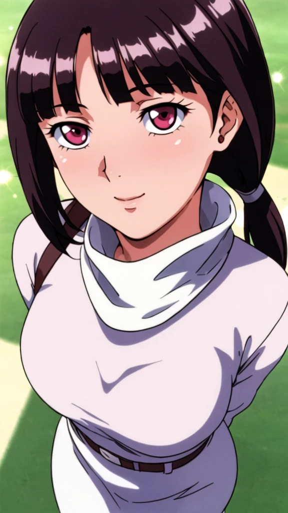 white turtleneck, black pencil skirt, suspender, white long skirt,white belt,hair ornament, hair scrunchie,low ponytail,
long hair,bangs, black hair, blunt bangs,big red eyes,alone, 1 girl,Young female, 18 years old, very cute, smile, Beautiful Finger,Beautiful long legs,Beautiful body,Beautiful Nose,Beautiful character design, perfect eyes, perfect face,expressive eyes, looking at viewer, in the center of the image,(light_smile:0.5), official art,extremely detailed CG unity 8k wallpaper, perfect lighting,Colorful, Bright_Front_face_Lighting,shiny skin, (masterpiece:1.0),(best_quality:1.0), ultra high res,4K,ultra-detailed, photography, 8K, HDR, highres, absurdres:1.2, Kodak portra 400, film grain, blurry background, bokeh:1.2, lens flare, (vibrant_color:1.2), (beautiful_face:1.5), (curvy body), ashamed, blushing,