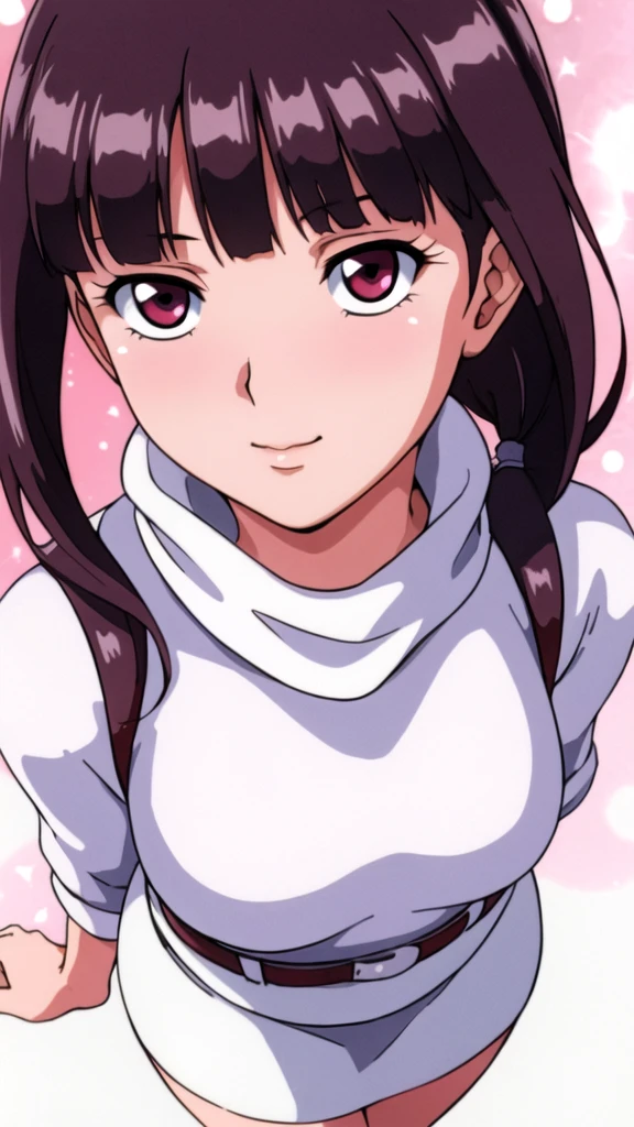 white turtleneck, black pencil skirt, suspender, white long skirt,white belt,hair ornament, hair scrunchie,low ponytail,
long hair,bangs, black hair, blunt bangs,big red eyes,alone, 1 girl,Young female, 18 years old, very cute, smile, Beautiful Finger,Beautiful long legs,Beautiful body,Beautiful Nose,Beautiful character design, perfect eyes, perfect face,expressive eyes, looking at viewer, in the center of the image,(light_smile:0.5), official art,extremely detailed CG unity 8k wallpaper, perfect lighting,Colorful, Bright_Front_face_Lighting,shiny skin, (masterpiece:1.0),(best_quality:1.0), ultra high res,4K,ultra-detailed, photography, 8K, HDR, highres, absurdres:1.2, Kodak portra 400, film grain, blurry background, bokeh:1.2, lens flare, (vibrant_color:1.2), (beautiful_face:1.5), (curvy body), ashamed, blushing,