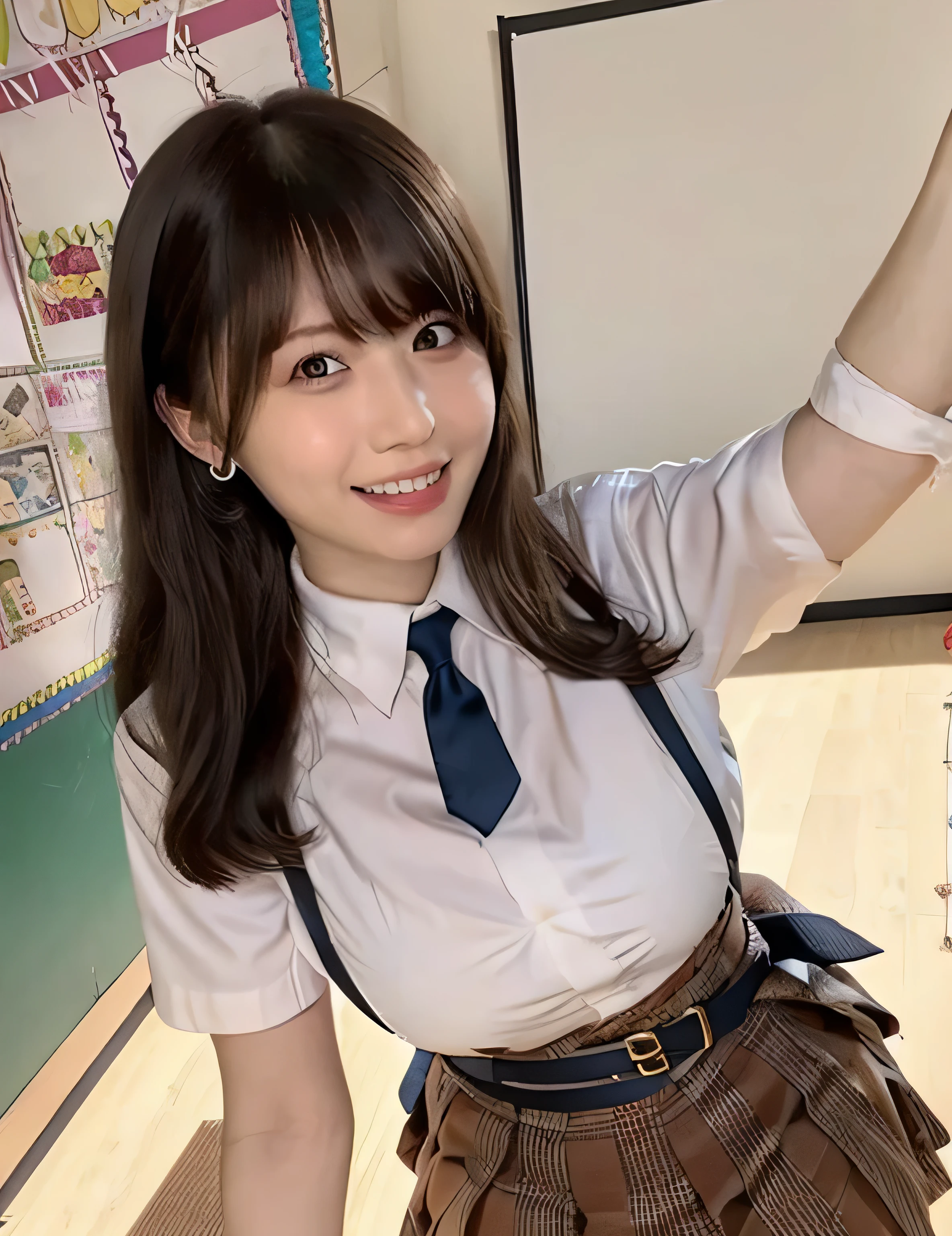 One Girl, (School classroom、服の上からでもわかるVery large breasts、School white summer shirt、school summer uniform、Beautiful girl, Delicate girl:1.3), (24-years-old:1.3),（Smiling with teeth showing、Cute smiling eyes、Cute loose perm、Braid only the bangs、Fluffy hair、Medium Short Hair、Wrapping a leather belt、Wear a checked miniskirt、Round and ample breasts、Curved waist、Photo from the waist up:1.4）
Very beautiful eyes, (School uniforms:1.3), (Very large breasts:0.5), Brown eyes, Parted bangs, Light brown hair,
, A face of ecstasy、(The expression of ecstasy、A face of ecstasy:1.0),
, (masterpiece, Highest quality, Super detailed, Detailed face, 8k)