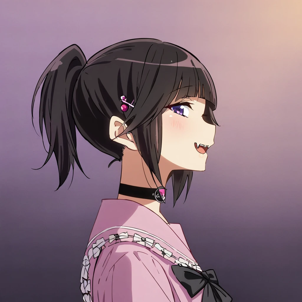 Top quality, masterpiece, chibi character, animal ear girl, peal purple and blunt bangs hair, twin braids, eyes closed, mouth wide open and screaming, blushing, smilng,fangs,(a girl with closs hair pin,
pink shirt,cosplay, jirai kei, bangs, black skirt, black bow, looking at viewer, bow, long sleeves, choker, ribbon,portrait  shot :1.4),From the side, she is wearing square headphones over her ears, and the Marshall logo,Walking slowly through Shibuya at sunset, looking down, fullbody shot,