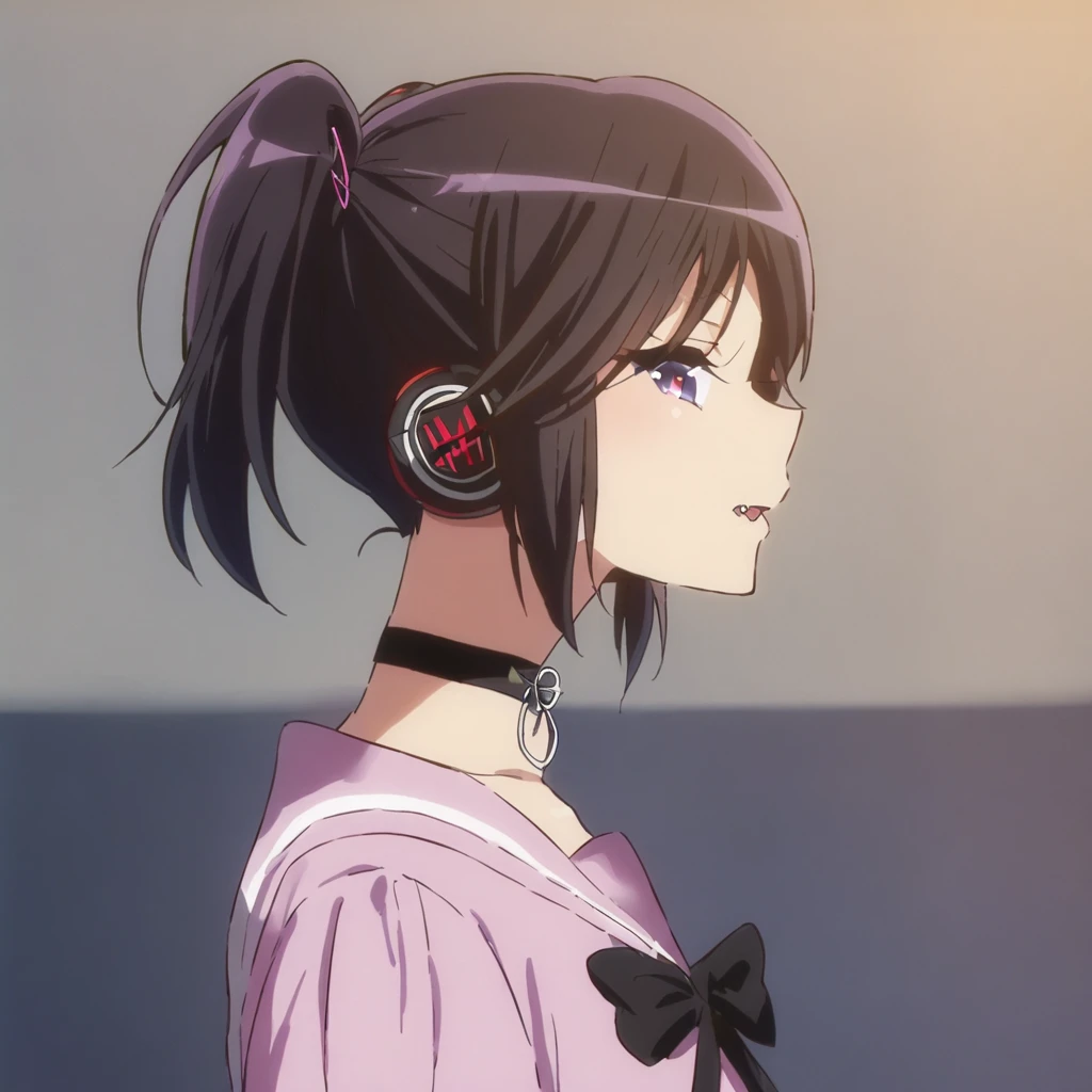 Top quality, masterpiece, chibi character, animal ear girl, peal purple and blunt bangs hair, twin braids, eyes closed, mouth wide open and screaming, blushing, smilng,fangs,(a girl with closs hair pin,
pink shirt,cosplay, jirai kei, bangs, black skirt, black bow, looking at viewer, bow, long sleeves, choker, ribbon,portrait  shot :1.4),From the side, she is wearing square headphones over her ears, and the Marshall logo,Walking slowly through Shibuya at sunset, looking down, fullbody shot,