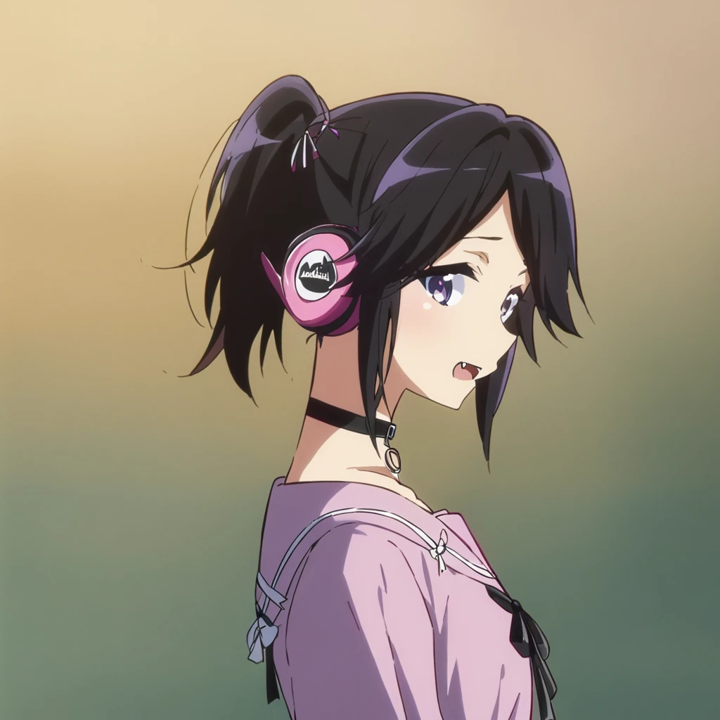 Top quality, masterpiece, chibi character, animal ear girl, peal purple and blunt bangs hair, twin braids, eyes closed, mouth wide open and screaming, blushing, smilng,fangs,(a girl with closs hair pin,
pink shirt,cosplay, jirai kei, bangs, black skirt, black bow, looking at viewer, bow, long sleeves, choker, ribbon,portrait  shot :1.4),From the side, she is wearing square headphones over her ears, and the Marshall logo,Walking slowly through Shibuya at sunset, looking down, fullbody shot,