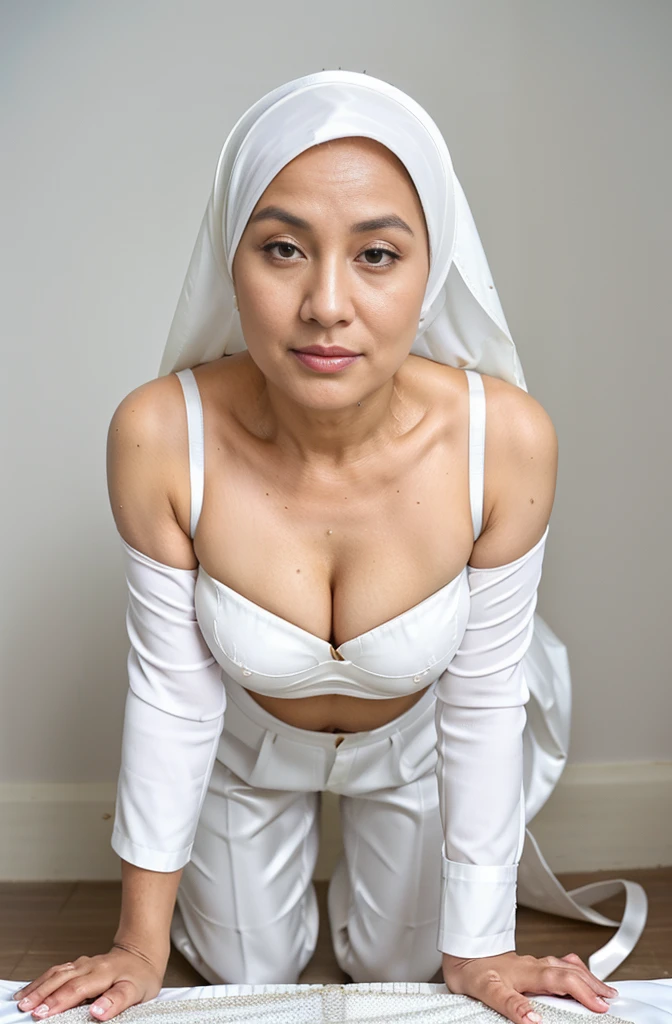 ((Old Lady:1.4)), ((SHORT HIJAB)), ((Gigantic tits:1. 3)), (dynamic photograph of a 58 year old Indonesian woman), (slim top, cotton panties), (straight non curly hair), (highly detailed face:1.4), (vascular muscles and abs:1.3), (background inside light, bright, private gym:1.1), (8k, uhd, dslr, high quality, cinematic lighting, bokeh), (dramatic, models photography, incredible masterpiece:1.3), (((sexy sultry stare at camera:0.8))), ((she is ready to dominate you:0.5)), ((beautiful feminine face)), add_detail:1, (((NAKED wearing huge mini apron only))),