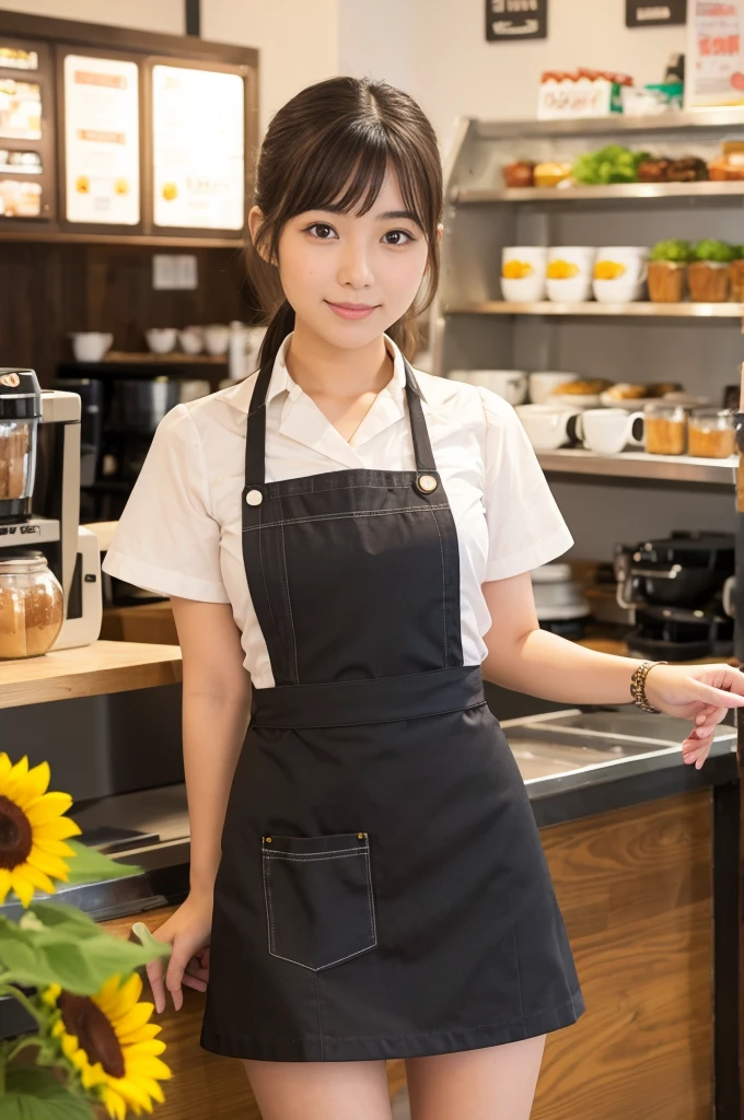 21 years old girl (Japanese cute face) is wearing very short mini skirt and apron and working at the coffee cafe with sunflowers