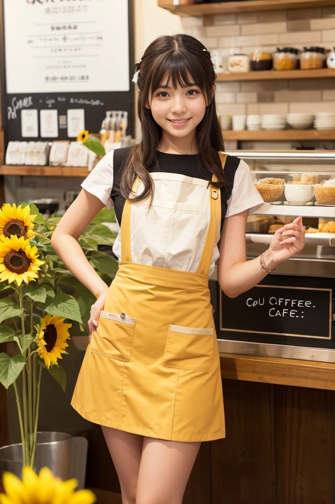 21 years old girl (Japanese cute face) is wearing very short mini skirt and apron and working at the coffee cafe with sunflowers