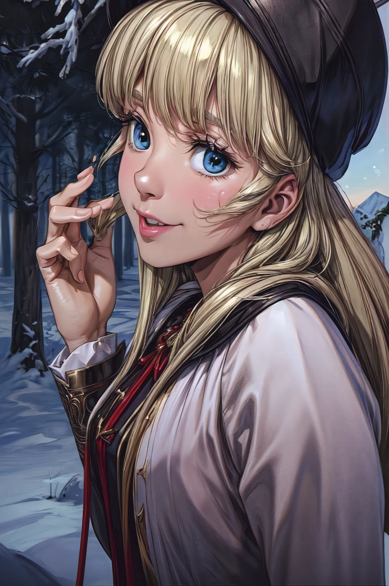 (masterpiece:1.1), (best quality:1.1), 1girl, Real light and shadow, anime face, 4k, 8k, wallpaper,epic, detail texture, blonde hair, (blue eyes:1.5), ((((blond hair:1.35, long hair)))),intricate eyes,beautiful detailed eyes, (symmetrical eyes,big eyes:1.5,(((lustrous skin:1.5,bright skin: 1.5,skin tanned,shiny skin,very shiny skin,shiny body,plastic glitter skin,exaggerated shiny skin,illuminated skin))),(detailed body,(detailed face)), cute, erotic,daring, (((medieval man armor, fur hat, adventurer man armor,winter coat))),(((intricate outfit,intricate clothes, embroidered outfit,ornate outfit,embroidered clothes,ornate clothing))), (dynamic pose:1.0),happy,smile,(centered,scale to fit dimensions,Rule of thirds), ((snowy pine forest at night)), with dark stormy clouds,winter,scenery:1.25,((snow forest background)),Christmas tree, highres,sharp focus,(ultra detailed,extremely detailed),(photorealistic artwork:1.37),(extremely detailed CG unity 8k wallpaper),(((vibrant colors,vibrant theme))),(intricate),(masterpiece),(best quality),