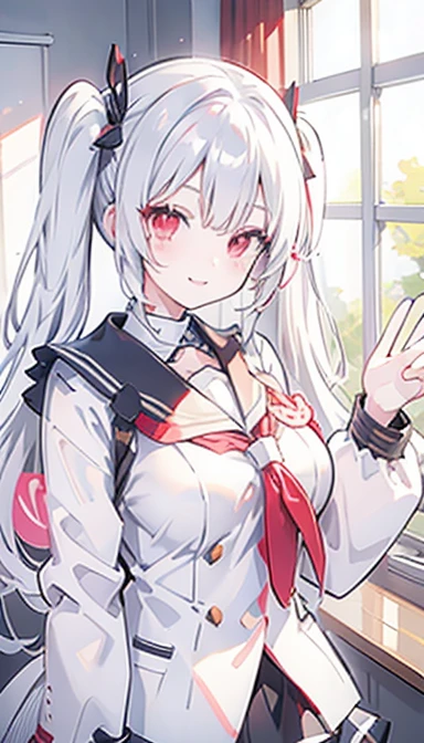 White hair twin tails red eyes girl cheerful smile classroom