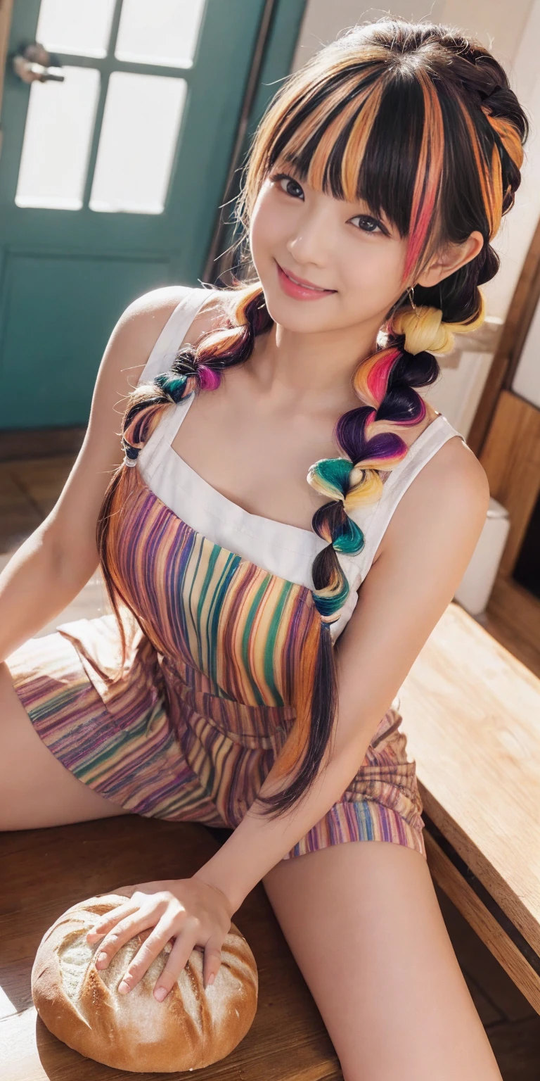 Fluid organization:1.6), 本当に野生の髪を持つ一人のbeautiful女の子, (Colorful wavy hair:1.2),( Two long braids:1.2), (Long wild hair:1.2), (Multicolored Hair: 1.9),可愛いsmile
パン屋販売スタッフ、(((Low - Angle:1.4)))、((One hand raised))、((She is wearing a colorful and pop blouse and apron.)),(;have big bread))、(((Spread your legs:1.4)))、,(((beautiful armpits:1.2)))、High resolution、Bakery、16-year-old girl、smile、Finished as in the picture、white and beautiful skin、Focus on small breasts、((beautiful５This finger))、Bakeryの制服を着ています、最high quality、High resolution、Very detailed、masterpiece、Live Shooting:2、Genuine:2、photoGenuineistic:2、very delicate and beautiful、Fine details、Textured skin、Full Shot、、(beautiful face:2)、hot pants、Putting on makeup、Perfectly balanced legs:1.5), Looking at the camera, Angle from above, (((hot pants))), High resolution、未来のBakery、Delicious bread that women will love、Looking at the camera、smile、Finished as in the picture、、(((I have a big loaf of bread)))、(((cute smile)))、((((Eat delicious bread)))))、((I love bread))、(front focus piece:1.3), 
、Cute Apron、Rainbow Apron、Bakeryの制服を着ています、明るすぎるNatural light、Shining sunlight、最high qualityのディテール, Japanese Girls,1 girl, 8k, RAW Photos, 最high quality, Ticker:1.2, Very detailedなRAWカラー写真, Professional photos, (reality, photoGenuineisticです:1.37), (Very detailedな皮膚:1.2), 超High resolutionな, (Lenz 50mm),,絶妙にFine grain,Look at the person watching,Pretty face, Just Mile:1.05),Wide Hips,Straight hair,,Light pink inner color、 white and fine skin、(Very detailedな8k cg:1.2), (hyper Genuineistic:1.35), (photoGenuineisticです:1.45), (reality:1.4), 

(背景はBakery:1.1)、Sexy upward glance, 、Very detailed、masterpiece、最high quality、Ultra-high resolution energy A、8kのHigh resolutionにより、Transparency as shown in the photo、Fine grain、Expression of gradation、Perfect anatomical figure ,hard disk、Ticker (English) 、 Nikon Z9 80mm Lens ,、明るすぎるNatural light、Shining sunlight、、Ultra slim body、Slender model figure、beautiful姿勢、, 最high quality, 8k, RAW Photos, Confused, Award-winning portraits, shy smile, shy smile, , Delicate girl,, Digital SLR, View your viewers, Frank, Sophisticated, Thin arms, Professional Lighting, Film Grain, chromatic aberration, (Fine grainと顔:1.0), Live Shooting、(((A portrait of extreme beauty)))、((Glowing Skin))、1 girl、16 year old beautiful girl from Prague、Bright expression、((Platinum Blonde Hair))、[Big blue eyes that sparkle like jewels]、Shiny skin、silky super long Straight hair、eyeliner、beautiful前髪、Hair around the eyes、最high quality、Very detailed、Film Light、Intricate details、High resolution、Very detailed))、Detailed Background、8 KUHD、Digital SLR、Soft Light、high quality、Film Grain、Fujifilm XT3 、Shallow depth of field、Natural light、(((Spread your legs:1.4)))、The pieces fly、High resolution、Bakery、16-year-old girl、smile、Finished as in the picture、white and beautiful skin、Focus on small breasts、最high quality、High resolution、Very detailed、masterpiece、Live Shooting:2、、neon hair clip,masterpiece、最high quality、
One girl,Ives Girl,beautiful照明,(((Anyone can see the D logo.:9)))