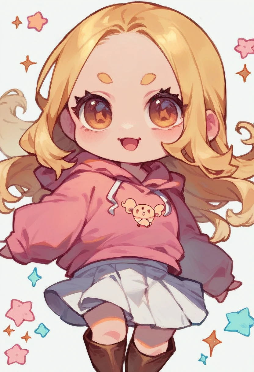 (((chibi:1.2))), girl, cute expression, high quality, blonde long hair, showing forehead,she wears a pink hoodie and white skirt, brown boots, white background, very cute, dynamic pose