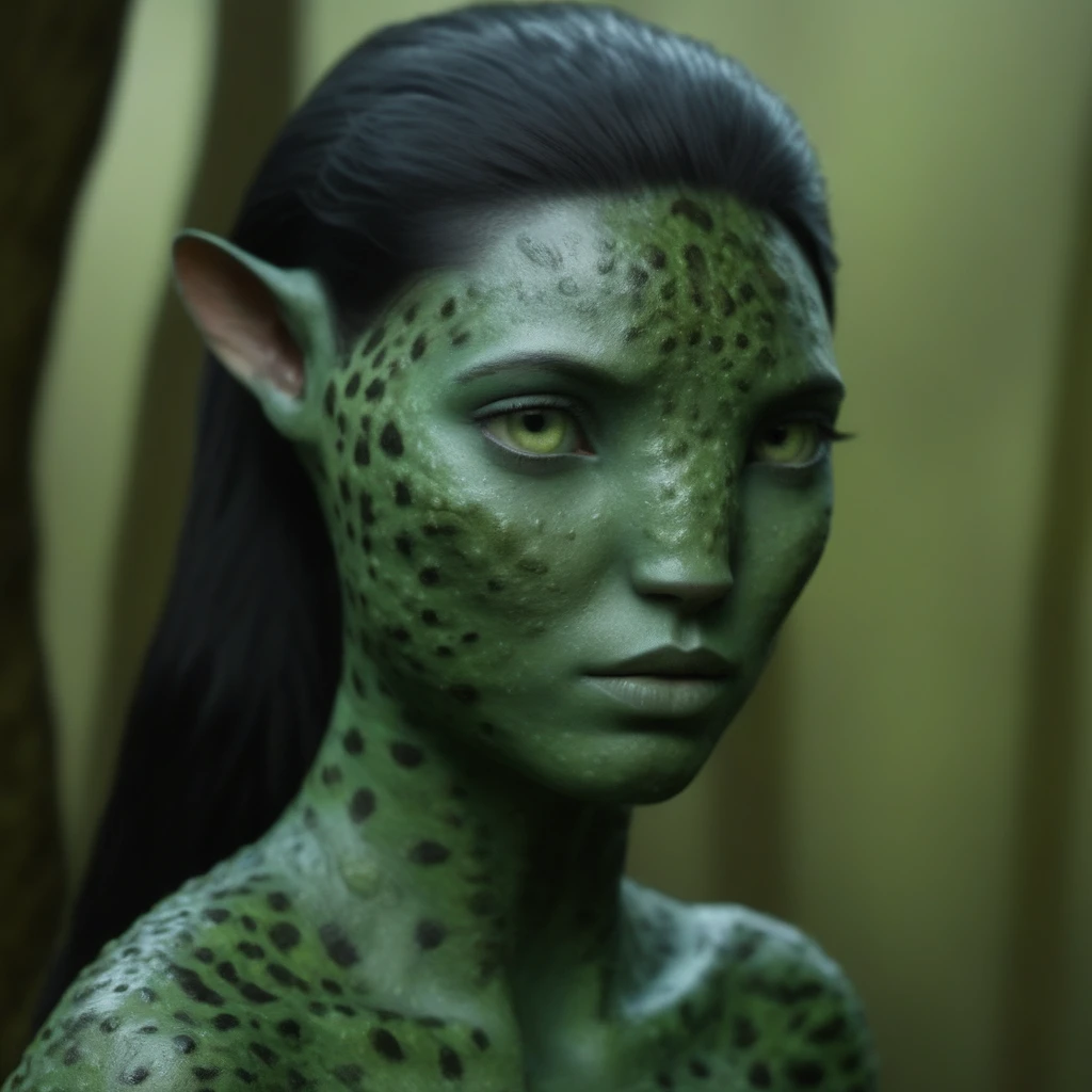 (face portrait), na'vi, female, (green eyes), ((big detailed alien eyes)), ((eyebrowless)), (green skin tone), (straight hair), black hair color, ((short hair)), (hair with bangs), (young adult), 18 years old, face wrinkles, ((wearing tribal clothing)), (wearing tribal acessories), detailed eyes, ((leopard spots all over skin)), toned body, muscled body, ethereal atmosphere, surrealistic dreamy lighting, textured skin, otherworldly beauty, mesmerizing photography, (best quality, highres), vivid colors, ultrarealistic, skin details, sfw, face close-up,ultradetailed body, (aqua green skin), dark background, swamp forest background, ((avocado skin))