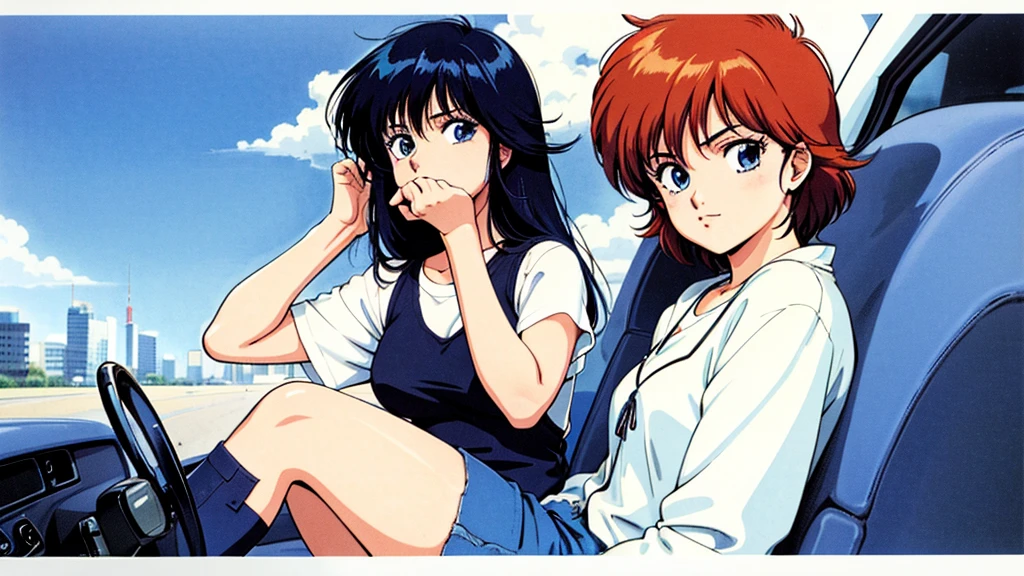 Create an anime-style image of an 80s city pop-style woman driving a car。The woman sits in the driver's seat、I'm holding the steering wheel and looking ahead。She is dressed in 80s fashion、She wears big sunglasses and retro clothing.。Interior details include analog meters on the dashboard and a cassette tape deck.、Include items that evoke the 80s。The outside scenery is the night view of the city.、The neon lights are shining brightly。Vivid colors and warm lighting throughout、Recreate the atmosphere of 80's city pop。