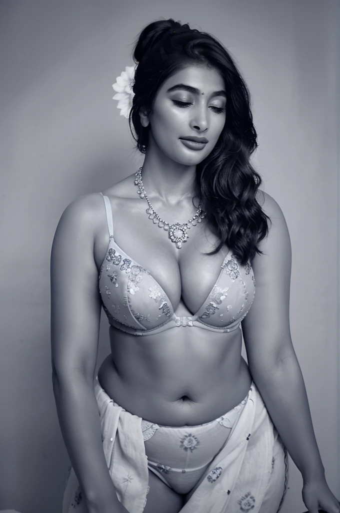 close up photo of naked pooja hegde masturbating pussy in office, chin up and self pleasure in pain, open mouth wide, laugh, curvy, hourglass figure, swooping breasts, closed eyes, standing with wide open spread legs, necklace, blue floral lace bra and saree, red lips, sultry, ponytail, (cinematic:1.3)