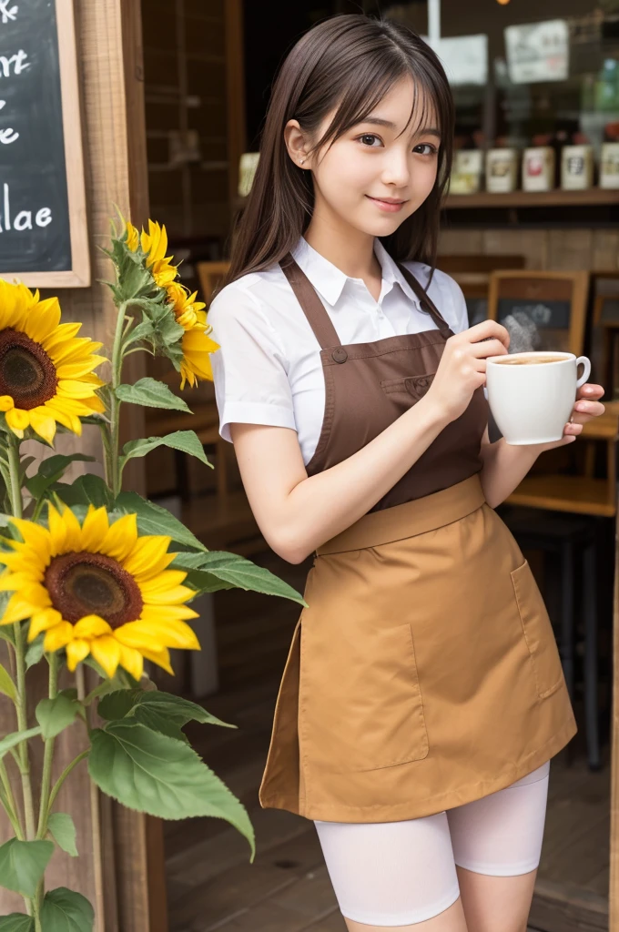 21 years old girl (Japanese cute face) is wearing very short mini skirt and apron and working at the coffee cafe with sunflowers