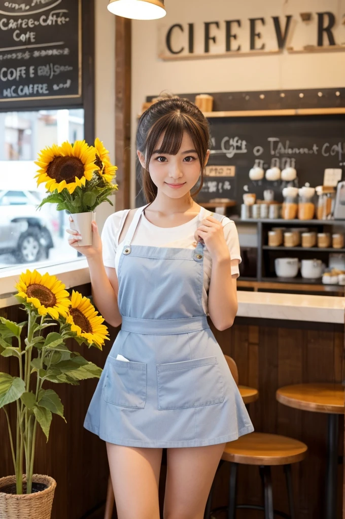21 years old girl (Japanese cute face) is wearing very short mini skirt and apron and working at the coffee cafe with sunflowers