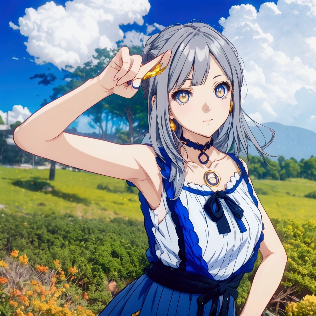 Golden Eyes、Golden Eyes、Anime girl with gray hair and blue clothes pointing at something, Realistic Anime 3D Style, Cute 3D anime girl render, Realistic young anime girl, Anime Style3D, Anime Style, Realistic anime art style, Anime Styleに, , Semi-realistic anime style, Smooth anime CG art, April Rendering, Photorealistic anime girl rendering