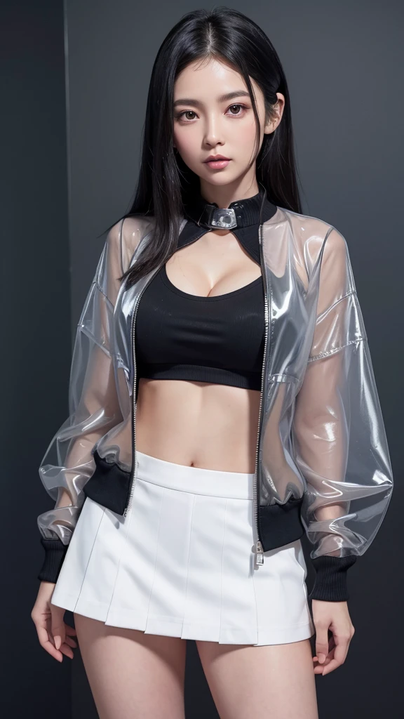 Black Hair、Brown eyes、Beauty、Gal、The front hair is up、long hair、Long eyelashes、Big Eyes、Wearing a see-through jacket、Grey checked mini skirt、No underwear、Cleavage、tits、whole body、Great thighs、Beautiful legs、Beautiful abs、Slimy skin、Oily skin、White skin、Light reflecting skin、Glossy finish、Realistic details、Perfect body