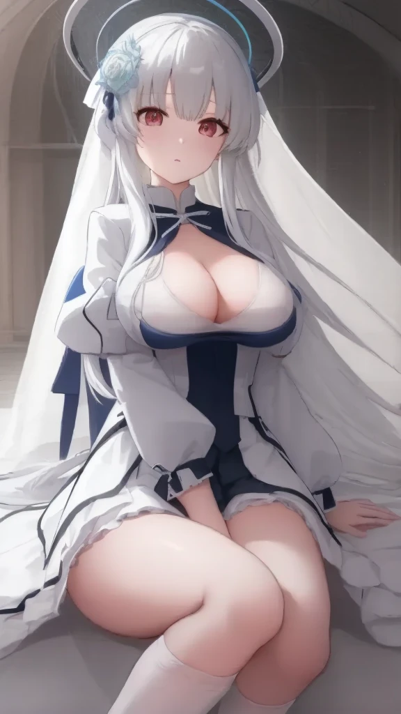 A girl，Long hair, Bangs,White hair, Hair between the eyes, s eyes，紫色s eyes:（1.5), (Large Breasts:1.2), rest 锁骨, Wedding dress，veil，wedding，White Dress，Flowers，The skirt is broken，White socks，Tights，White knee socks，cleveage， Looking at the audience, whole body, indoors, church，permanent，permanent， rest (masterpiece:1.2), best quality, high resolution, Unity 8K wallpaper, (illustration:0.8), (美丽细致s eyes:1.6), Extremely detailed face, Perfect lighting, Extremely detailed CG, (Perfect hands, Perfect anatomical structure),
