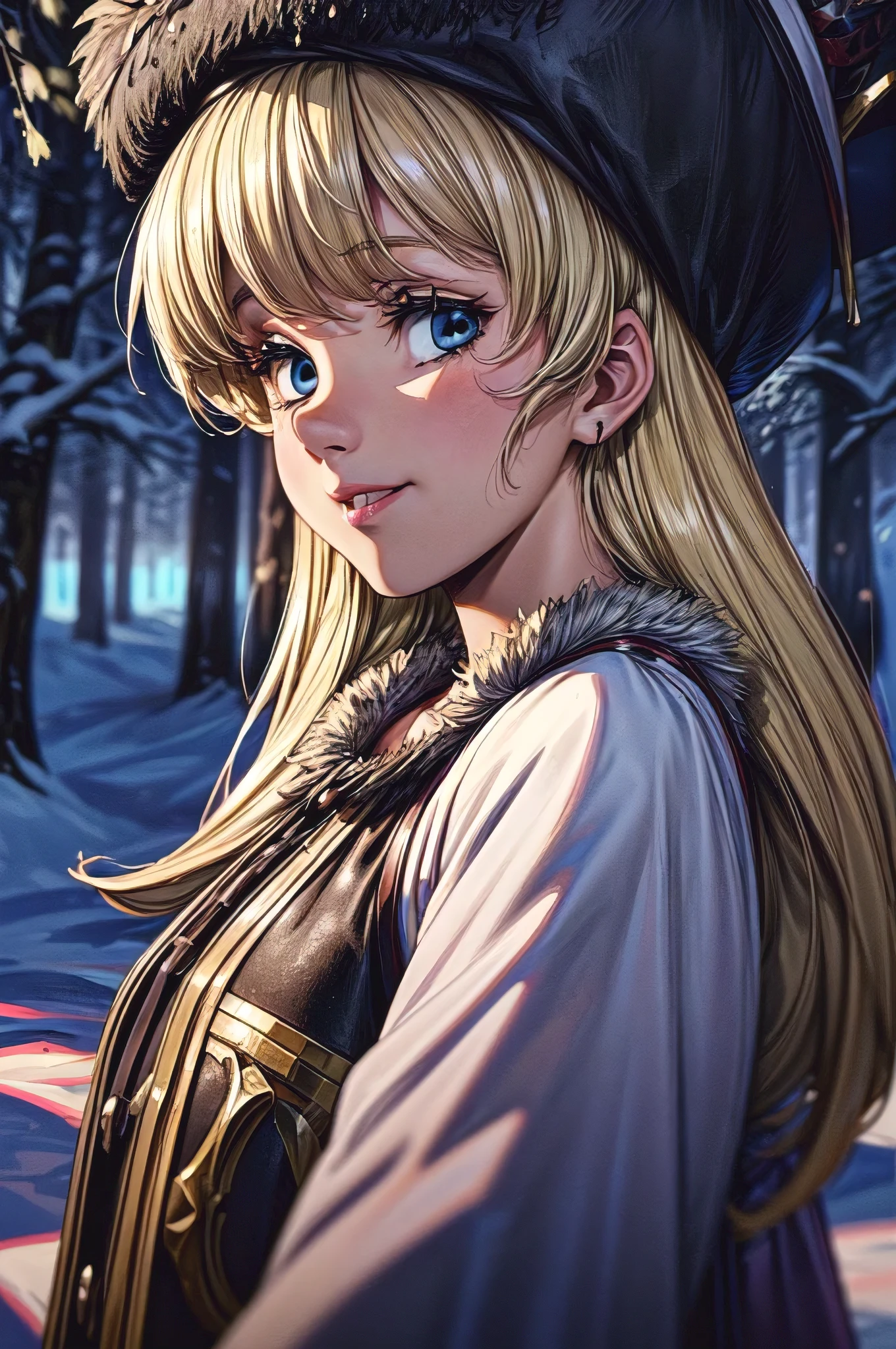 (masterpiece:1.1), (best quality:1.1), 1girl, Real light and shadow, anime face, 4k, 8k, wallpaper,epic, detail texture, blonde hair, (blue eyes:1.5), ((((blond hair:1.35, long hair)))),intricate eyes,beautiful detailed eyes, (symmetrical eyes,big eyes:1.5,(((lustrous skin:1.5,bright skin: 1.5,skin tanned,shiny skin,very shiny skin,shiny body,plastic glitter skin,exaggerated shiny skin,illuminated skin))),(detailed body,(detailed face)), cute, erotic,daring, (((medieval man armor, fur hat, adventurer man armor,winter coat))),(((intricate outfit,intricate clothes, embroidered outfit,ornate outfit,embroidered clothes,ornate clothing))), (dynamic pose:1.0),happy,smile,(centered,scale to fit dimensions,Rule of thirds), ((snowy pine forest at night)), with dark stormy clouds,winter,scenery:1.25,((snow forest background)),Christmas tree, highres,sharp focus,(ultra detailed,extremely detailed),(photorealistic artwork:1.37),(extremely detailed CG unity 8k wallpaper),(((vibrant colors,vibrant theme))),(intricate),(masterpiece),(best quality),