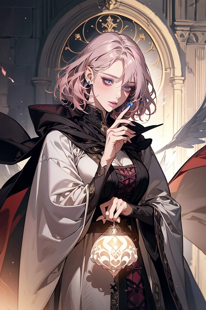 femme de 50 ans, Middle-aged European, ((trentenaire)), solo, medieval tavern, [ghotic] full lips, androgyne, [[Short hair]], (visage de forme ovale), (Heavenly Nose), wears a cape, peau claire et chaude, [[intense red eyes]], doe eyes, pink eyeshadow, short hair, very silver hair, very light, wavy hair, elfe ears, Long cils, ((black medieval clothes)), sexy purple dress, Glow, ghotic, elegant, tendance sur artstation, makeup, lipstick, inkshadow, (((Masterpiece artwork))), ((best quality)), ((complex detailed)), ((semi-realistic)), (se concentrer uniquement), (visage parfait:1.1), (high detail:1.1), dark