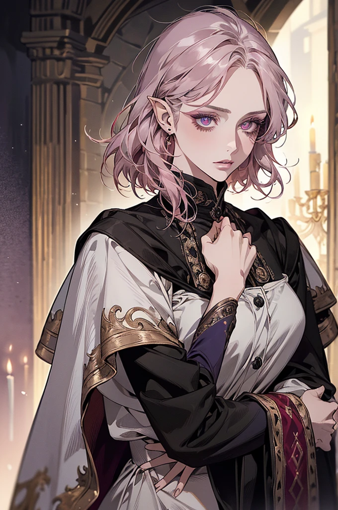 femme de 50 ans, Middle-aged European, ((trentenaire)), solo, medieval tavern, [ghotic] full lips, androgyne, [[Short hair]], (visage de forme ovale), (Heavenly Nose), wears a cape, peau claire et chaude, [[intense red eyes]], doe eyes, pink eyeshadow, short hair, very silver hair, very light, wavy hair, elfe ears, Long cils, ((black medieval clothes)), sexy purple dress, Glow, ghotic, elegant, tendance sur artstation, makeup, lipstick, inkshadow, (((Masterpiece artwork))), ((best quality)), ((complex detailed)), ((semi-realistic)), (se concentrer uniquement), (visage parfait:1.1), (high detail:1.1), dark