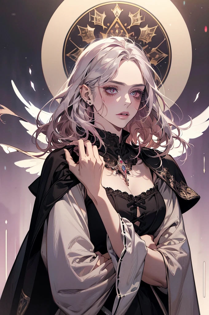 femme de 50 ans, Middle-aged European, ((trentenaire)), solo, medieval tavern, [ghotic] full lips, androgyne, [[Short hair]], (visage de forme ovale), (Heavenly Nose), wears a cape, peau claire et chaude, [[intense red eyes]], doe eyes, pink eyeshadow, short hair, very silver hair, very light, wavy hair, elfe ears, Long cils, ((black medieval clothes)), sexy purple dress, Glow, ghotic, elegant, tendance sur artstation, makeup, lipstick, inkshadow, (((Masterpiece artwork))), ((best quality)), ((complex detailed)), ((semi-realistic)), (se concentrer uniquement), (visage parfait:1.1), (high detail:1.1), dark