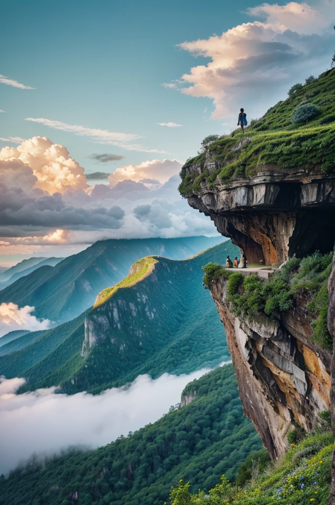 "A breathtaking landscape featuring lush green valleys and towering cliffs, with dramatic and expansive cloud formations filling the sky. The scene is illuminated by vibrant, natural light, enhancing the vivid colors and intricate details of the terrain. Include elements like a cozy wooden cabin perched on a cliff edge, surrounded by diverse vegetation, and a solitary figure standing on a peak, gazing at the vast horizon. The atmosphere is serene yet majestic, capturing the awe-inspiring beauty of nature."