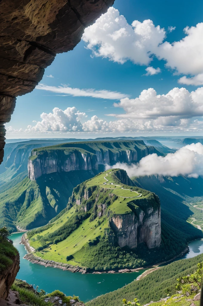 "A breathtaking landscape featuring lush green valleys and towering cliffs, with dramatic and expansive cloud formations filling the sky. The scene is illuminated by vibrant, natural light, enhancing the vivid colors and intricate details of the terrain. Include elements like a cozy wooden cabin perched on a cliff edge, surrounded by diverse vegetation, and a solitary figure standing on a peak, gazing at the vast horizon. The atmosphere is serene yet majestic, capturing the awe-inspiring beauty of nature."