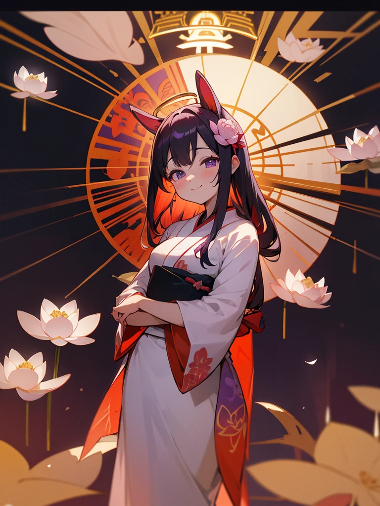 Buddha, rabbit ears, 白いおかっぱ頭, Red Japanese pattern dress, portable shrine, festival, Angel Halo, lotus flower field, purple eyes, smile, 日の丸
, lotus bouquet, gold screen, paradise, Rose hair ornament