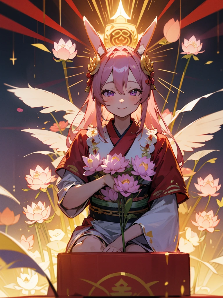 Buddha, rabbit ears, 白いおかっぱ頭, Red Japanese pattern dress, portable shrine, festival, Angel Halo, lotus flower field, purple eyes, smile, 日の丸
, lotus bouquet, gold screen, paradise, Rose hair ornament