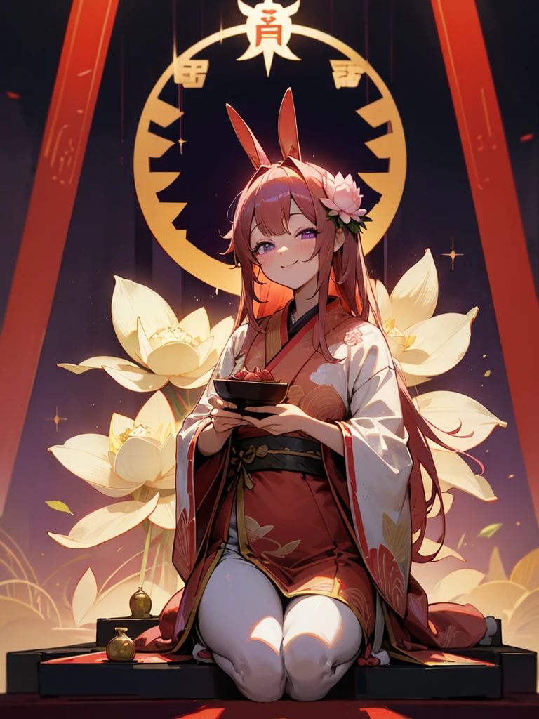 Buddha, rabbit ears, 白いおかっぱ頭, Red Japanese pattern dress, portable shrine, festival, Angel Halo, lotus flower field, purple eyes, smile, 日の丸
, lotus bouquet, gold screen, paradise, Rose hair ornament

