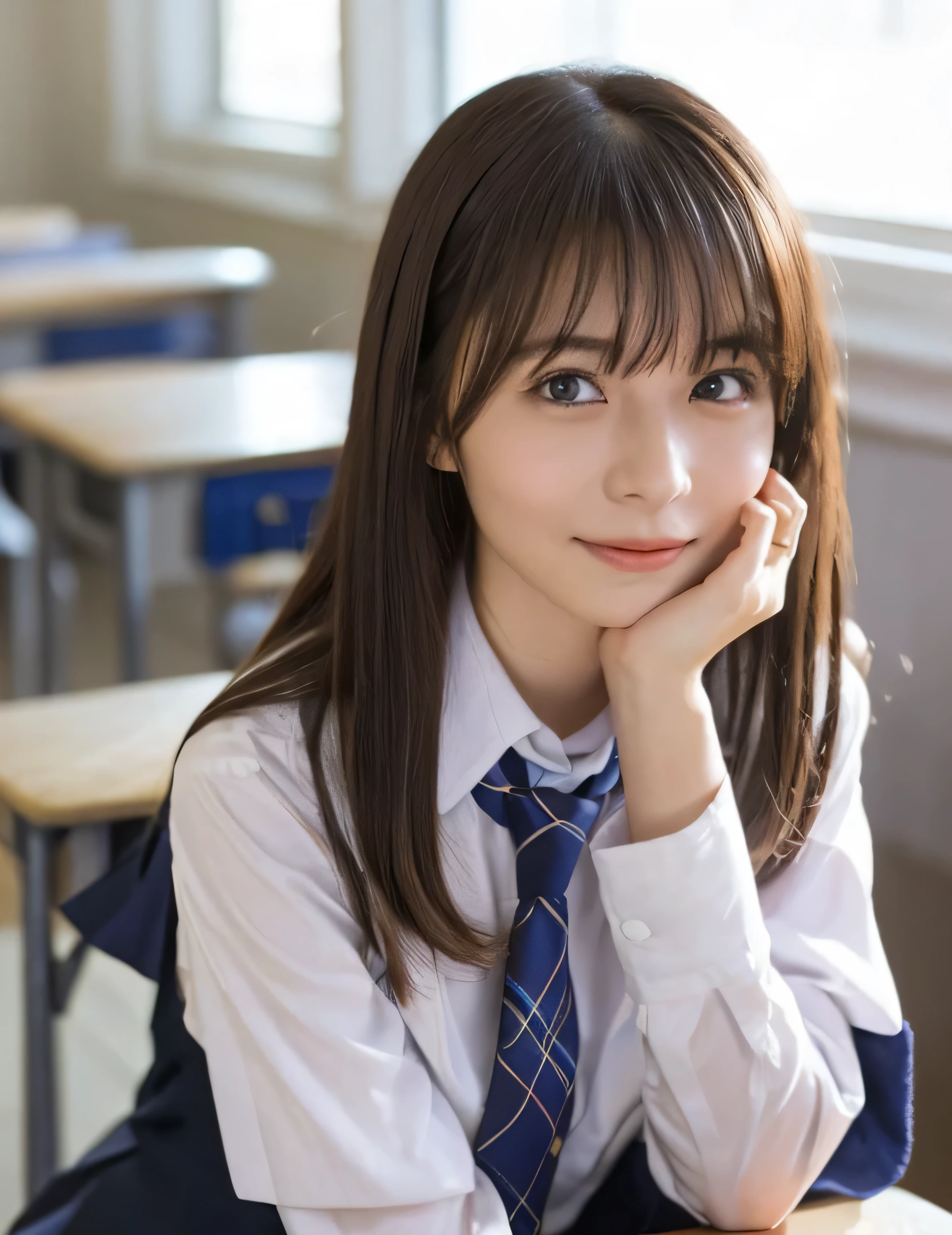 One Girl, (School classroom、服の上からでもわかるVery large breasts、School white summer shirt、school summer uniform、Beautiful girl, Delicate girl:1.3), (24-years-old:1.3),(Smiling with teeth showing、Cute smiling eyes、Cute loose perm、Braid only the bangs、Fluffy hair、Medium Short Hair、Wrapping a leather belt、Wear a checked miniskirt、Round and ample breasts、Curved waist、Photo from the waist up:1.4)
Very beautiful eyes, (School uniforms:1.3), (Very large breasts:0.5), Brown eyes, Parted bangs, Light brown hair,
, A face of ecstasy、(The expression of ecstasy、A face of ecstasy:1.0),
, (masterpiece, Highest quality, Super detailed, Detailed face, 8k)