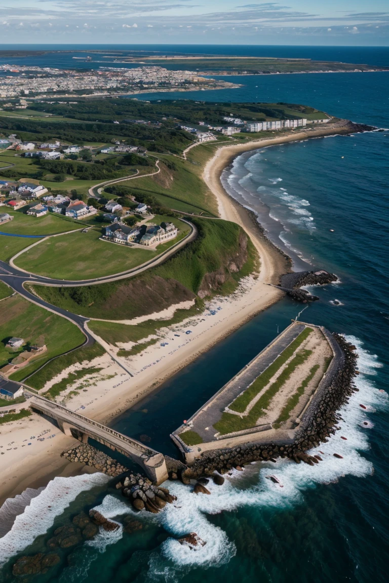 (masterpiece, top quality: 1.1), bird's eye view, asymmetry, blue sea, low tide, sea wave, sea route, coastal road, sandy beach, shell, pier, yacht, boat, ship wake, shipwreck, steamer, contrail, car, tourist, lighthouse, seagull , horizon, wind, summer, hat, morning, sunny, cloud, calm, fresh air, depth of field