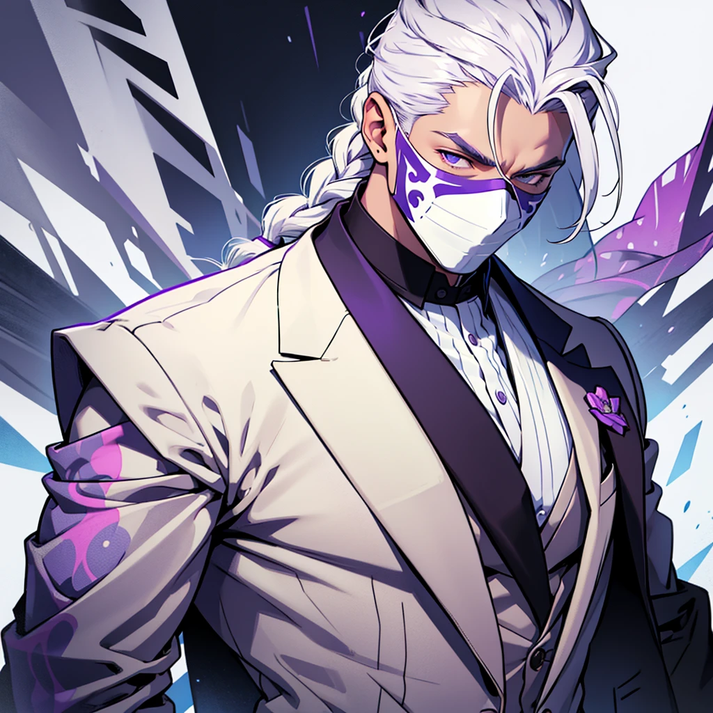 Create a man with the following characteristics: He is in a fairly elegant suit.,white hair tied in a braid wearing a white mask with purple spots