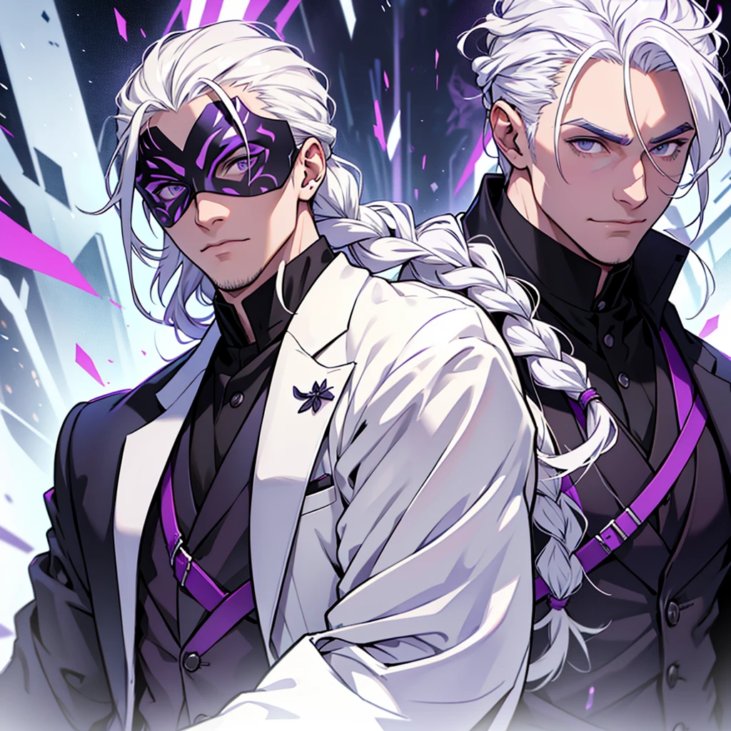 Create a man with the following characteristics: He is in a fairly elegant suit.,white hair tied in a braid wearing a white mask with purple spots