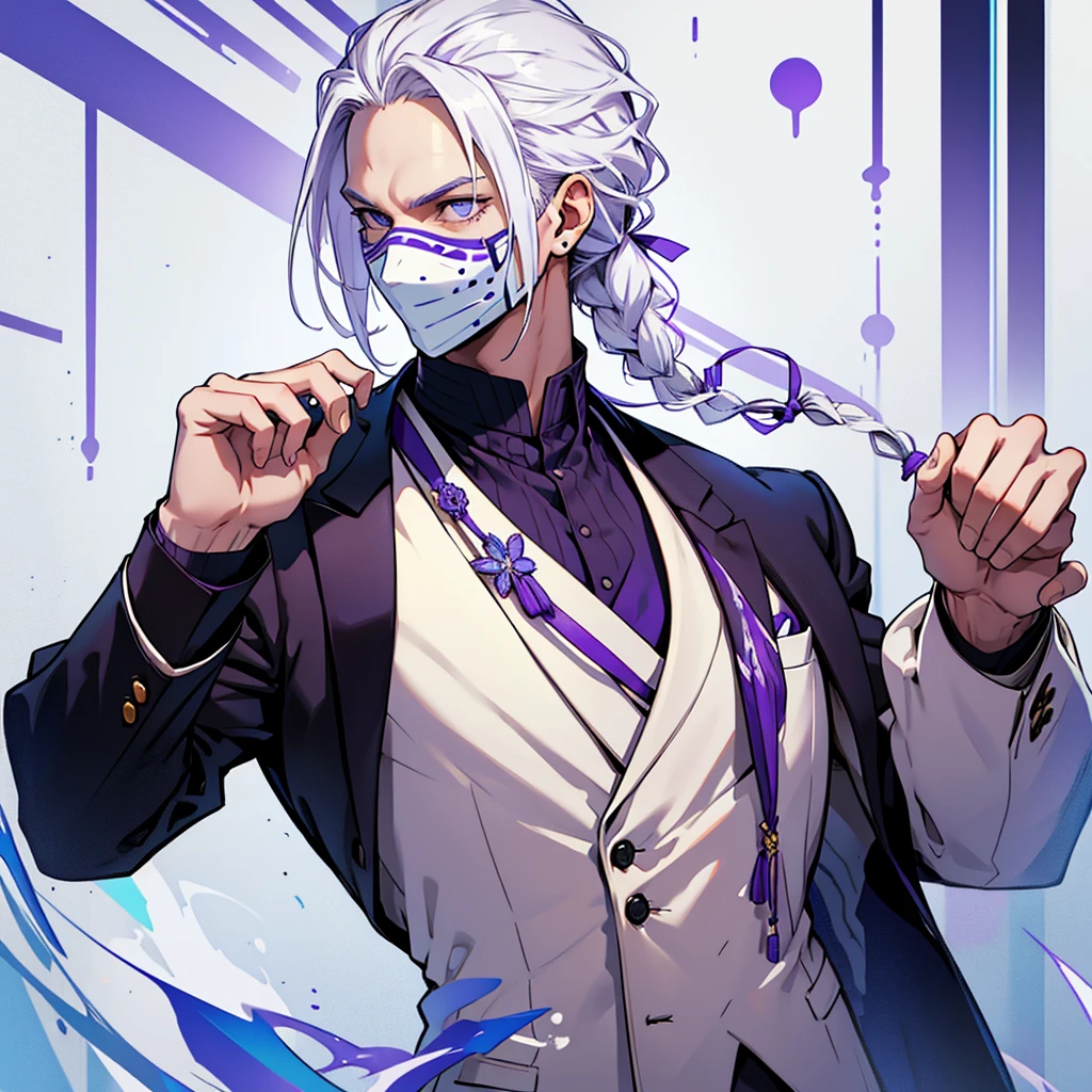 Create a man with the following characteristics: He is in a fairly elegant suit.,white hair tied in a braid wearing a white mask with purple spots