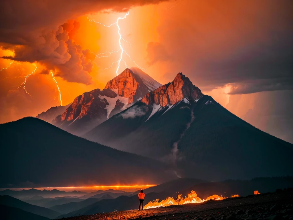 ((best qualityer)), ((work of art)), orange background, mountainscape, hurricane, lightning strikes