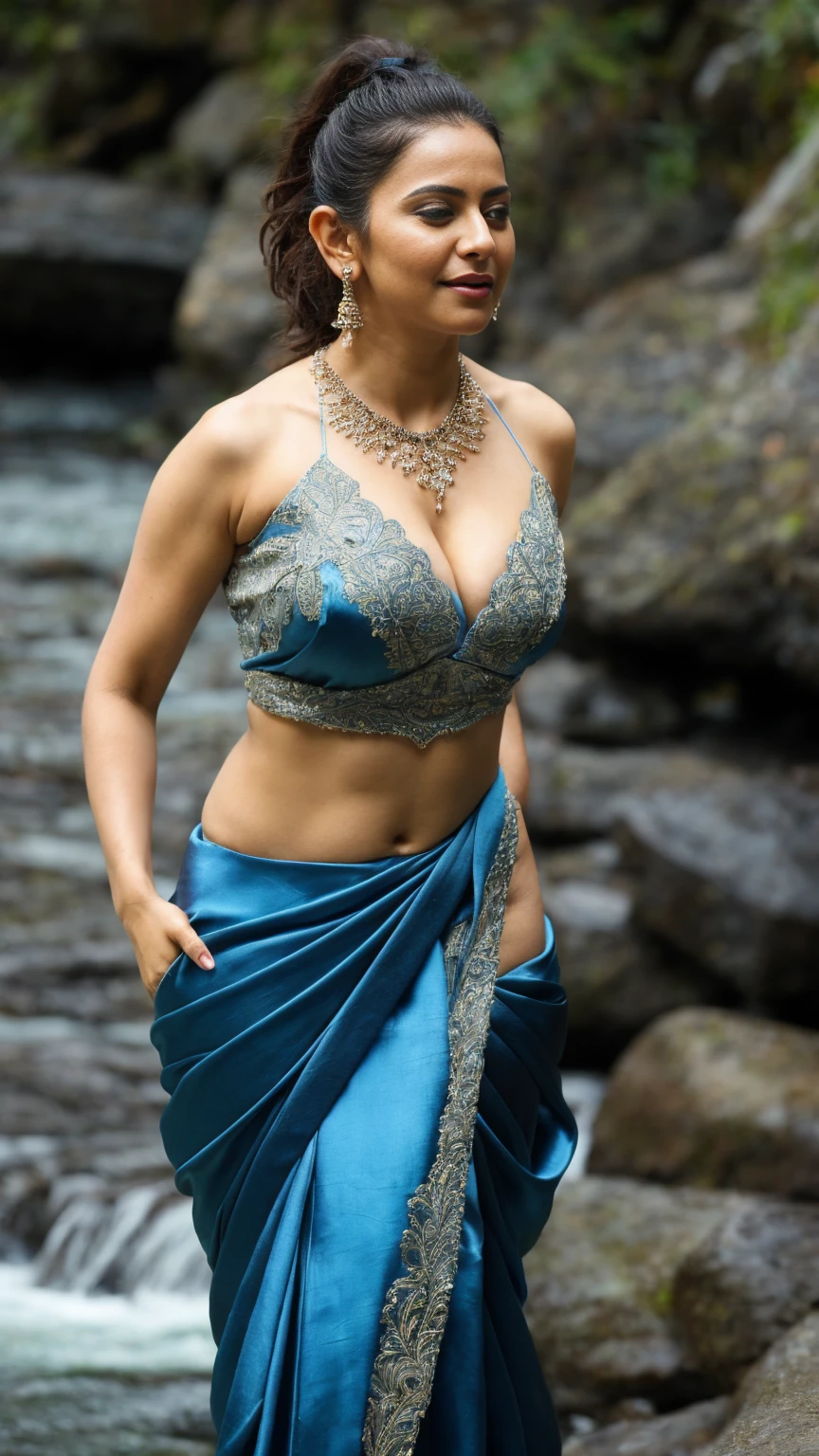 day scene, extreme close up photo of naked latina, hourglass figure, swooping breasts, showing deep cleavage, open arms, seducing near waterfalls, ponytail, necklace, blue satin silk half saree, look at viewer, (cinematic:1.3), intricate details, (ArtStation:1.2)