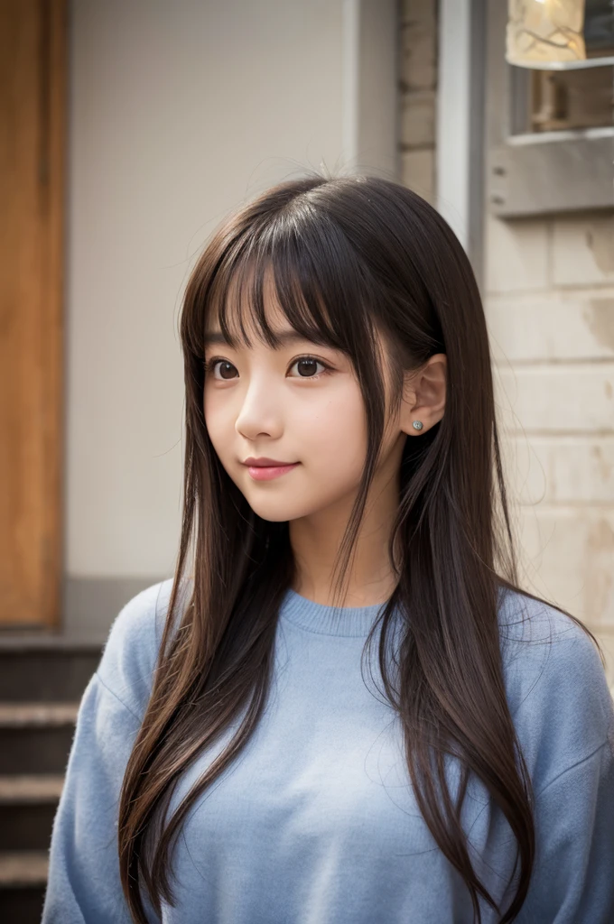 Cute girl's room Lots of cosmetics and accessories Back view Showing her back Light brown hair Long hair Wavy hair There is a light brown hair and a big ribbon at the back of the hair White knit