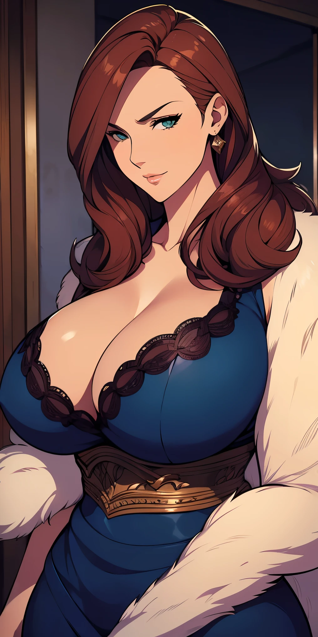 Milf, mature woman, elegant, auburn hair, blue eyes, casual clothes, buxom, bodice, fur trim, portrait, upper body, curvaceous, 4k resolution, high quality