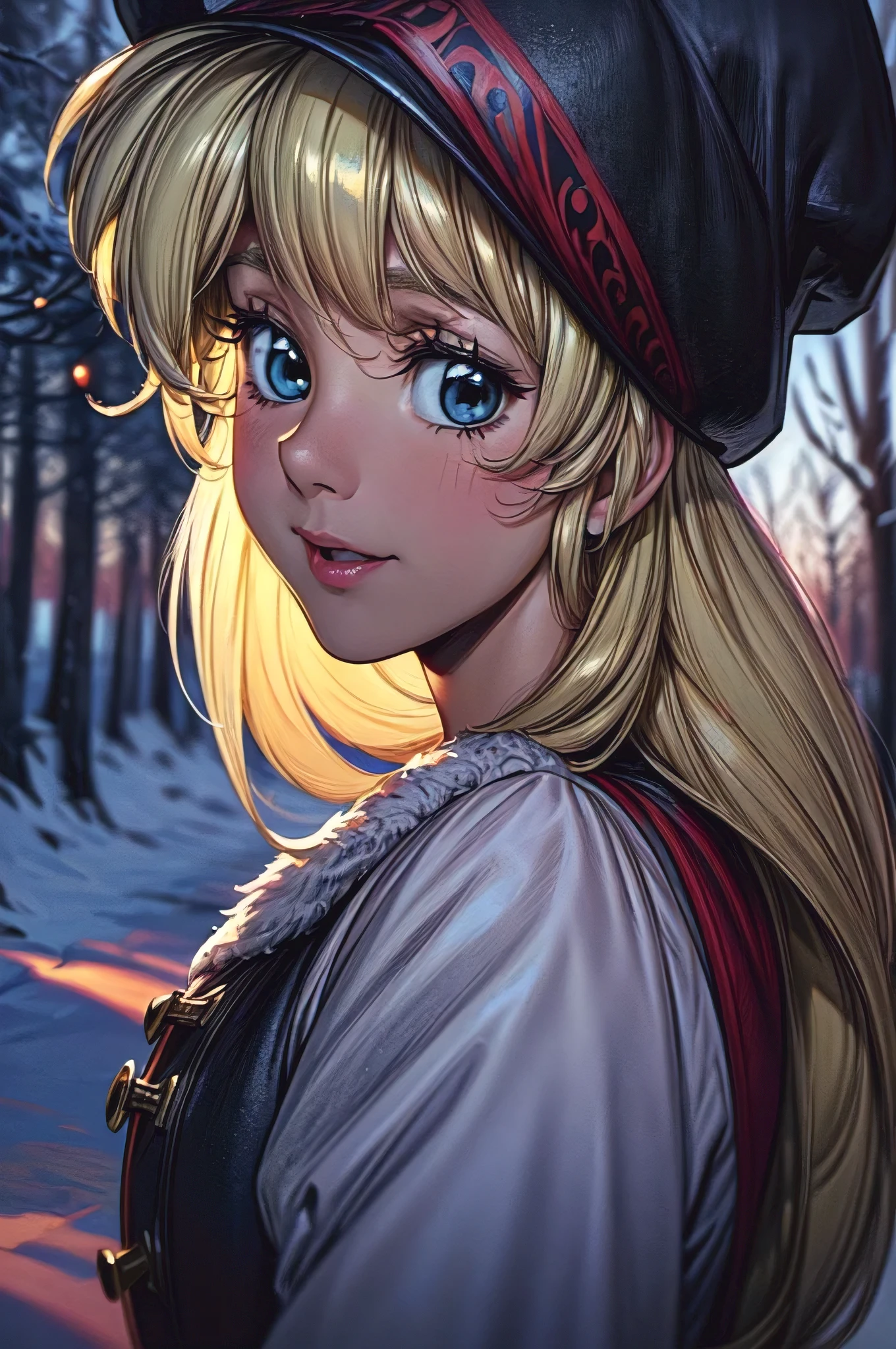 (masterpiece:1.1), (best quality:1.1), 1girl, Real light and shadow, anime face, 4k, 8k, wallpaper,epic, detail texture, blonde hair, (blue eyes:1.5), ((((blond hair:1.35, long hair)))),intricate eyes,beautiful detailed eyes, (symmetrical eyes,big eyes:1.5,(((lustrous skin:1.5,bright skin: 1.5,skin tanned,shiny skin,very shiny skin,shiny body,plastic glitter skin,exaggerated shiny skin,illuminated skin))),(detailed body,(detailed face)), cute, erotic,daring, (((medieval man armor, fur hat, adventurer man armor,winter coat))),(((intricate outfit,intricate clothes, embroidered outfit,ornate outfit,embroidered clothes,ornate clothing))), (dynamic pose:1.0),happy,smile,(centered,scale to fit dimensions,Rule of thirds), ((snowy pine forest at night)), with dark stormy clouds,winter,scenery:1.25,((snow forest background)),Christmas tree, highres,sharp focus,(ultra detailed,extremely detailed),(photorealistic artwork:1.37),(extremely detailed CG unity 8k wallpaper),(((vibrant colors,vibrant theme))),(intricate),(masterpiece),(best quality),