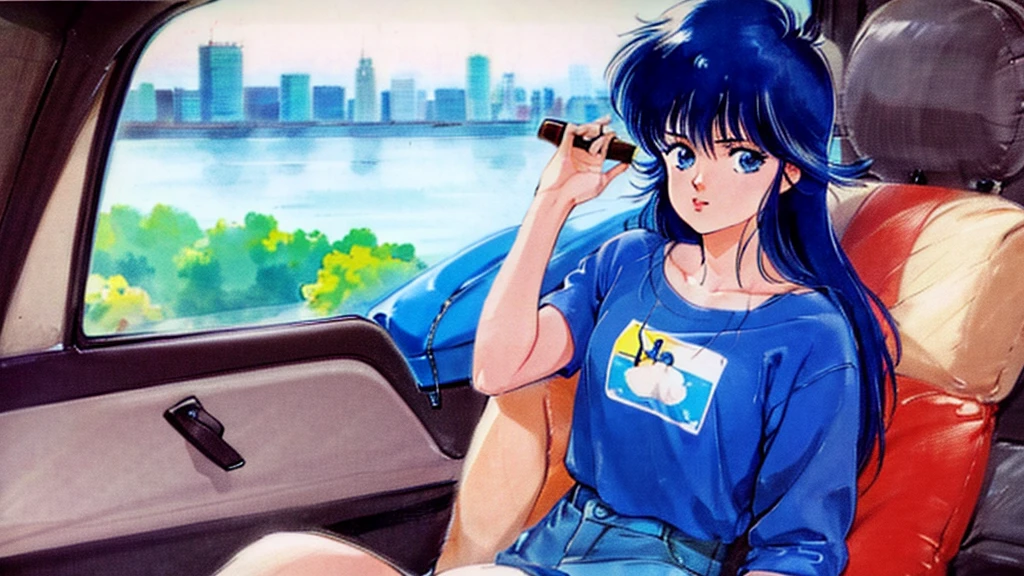 Create an anime-style image of an 80s city pop-style woman driving a car。The woman sits in the driver&#39;s seat、I&#39;m holding the steering wheel and looking ahead。She is dressed in 80s fashion、She wears big sunglasses and retro clothing.。Interior details include analog meters on the dashboard and a cassette tape deck.、Include items that evoke the 80s。The outside scenery is the night view of the city.、The neon lights are shining brightly。Vivid colors and warm lighting throughout、Recreate the atmosphere of 80&#39;s city pop。
