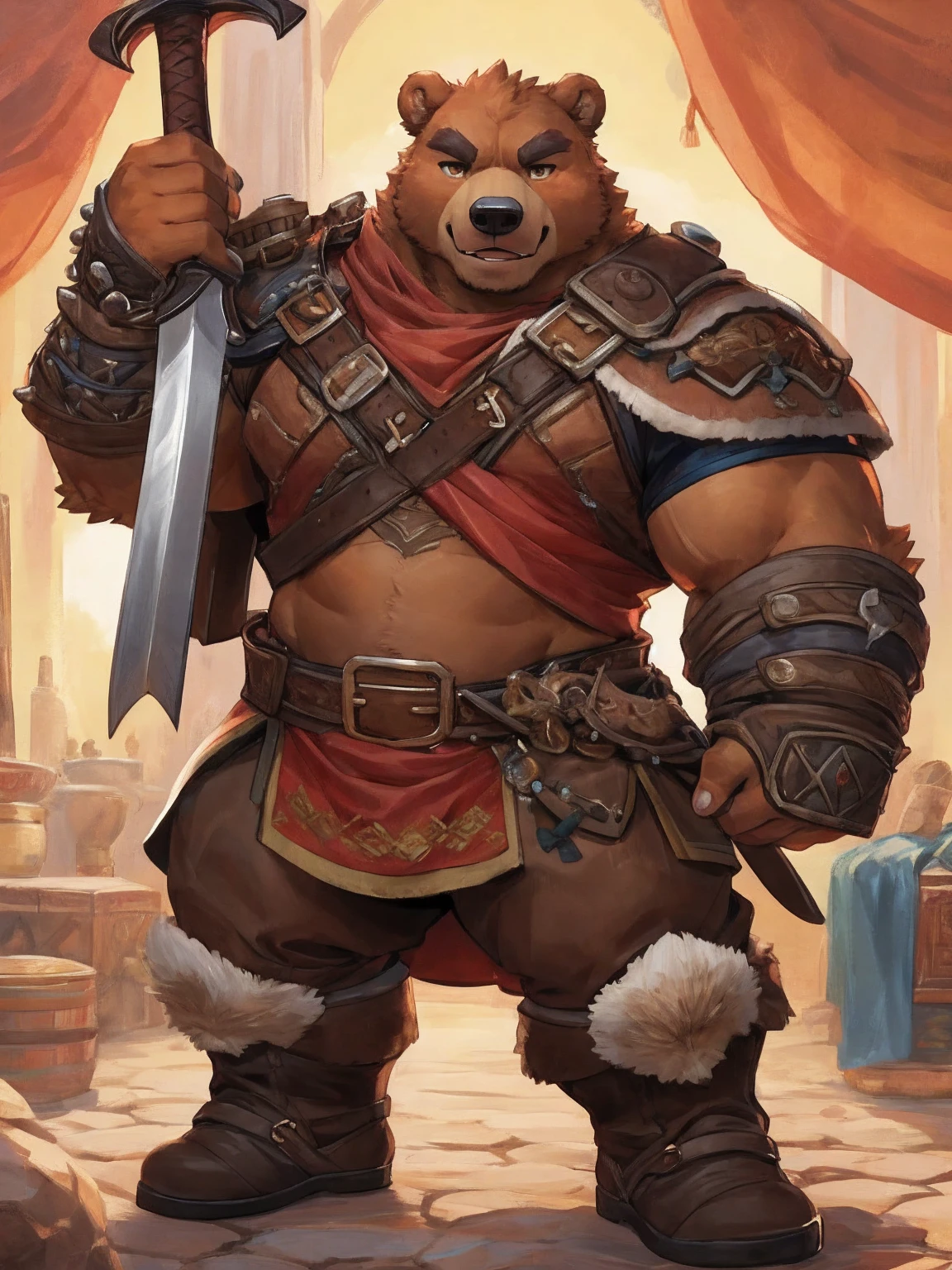 1. **type**：Bear 2. **gender**：Male 3. **appearance**：Brown fur，Golden Eyes，thick physique 4. **Clothing and Decoration**：((Wearing mercenary clothing))，Carrying a huge sword on his back， #### Scenography 1. **background**：日本style的山間寺廟，寺廟周圍有Cherry tree和Stone lanterns 2. **detail**：Sakura petals falling in the air，Mountain peaks are faintly visible in the distance #### Text content 1. **theme**：Glory and Protection 2. **intonation**：Solemn and inspiring 3. **Sentence Structure**：`&quot;Guard the Faith，&quot;Defend the Glory&quot;` #### 圖像style 1. **style**：Epic and traditional combined， 2. **tone**：Soft pinks combined with stately browns and golds，Highlighting the majesty of the samurai and the beauty of the cherry blossoms #### 其他detail 1. **Posture and expression**： - Bear站在寺廟前，Hold a greatsword，firm eyes，Show protection and determination 2. **background元素**： - 日本style的寺廟，Cherry tree，Stone lanterns，Falling cherry blossom petals，distant mountain peaks ### final design 1. **role conception** - **Bear**：Brown fur，Golden Eyes，thick physique。穿著Wearing mercenary clothing，Carrying a huge sword on his back，。 2. **Scenography** - **background**：日本style的山間寺廟，寺廟周圍有Cherry tree和Stone lanterns。Sakura petals falling in the air，Mountain peaks are faintly visible in the distance。 3. **Text content** - below or above the diagram，Written in a solemn and inspiring font：`&quot;Guard the Faith，&quot;Defend the Glory&quot;` ### Image design recommends that you use design software（Like Photoshop、Procreate等）To realize this picture。The following are specific step-by-step recommendations： 1. **background創建**：畫出日本style的山間寺廟background，包括Cherry tree、Stone lanterns、Falling cherry blossom petals和distant mountain peaks。 2. **character drawing**：根據描述繪製男性Bear角色，特別注意武士鎧甲和巨劍的detail。 3. **Posture and expression**：Bear站在寺廟前，Hold a greatsword，firm eyes，Show protection and determination。 4. **Add text**：Choose the right location，使用莊嚴和鼓舞的字體將Text content`&quot;Guard the Faith，&quot;Defend the Glory&quot;`Add to diagram。