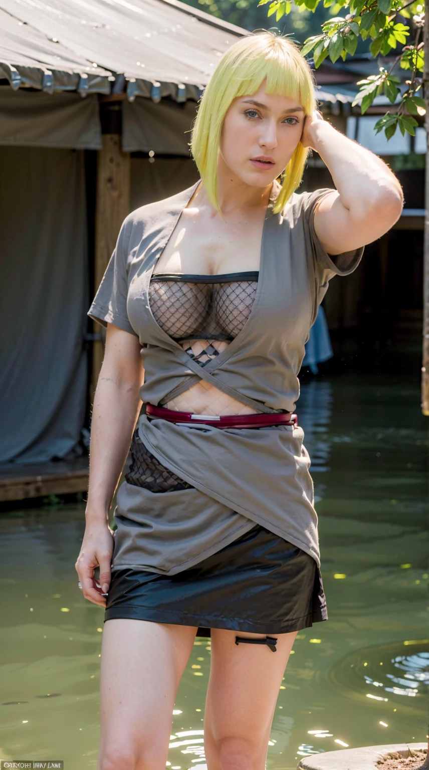 Masterpiece, Best quality,, (photorealistic1.4), (UHD), (epiCRealLife), (flashphoto),, (photorealistic1.4), (blonde hair Keira Knightley), (blonde samui), (big breasts), (cleavage), (samui costume), , (samui black kimono, (Samui red arm vambraces), (Kimono white obi pad), (Kimono obi pad belt), (cowboy shots), (Keira Knightley look at viewers), (samui, blue eyes, short hair, bangs, blunt bangs, fishnets, dress, grey dress, skirt, grey skirt, (looking at viewers), (pose for pictures), (outdoor), (in a Japanese garden)