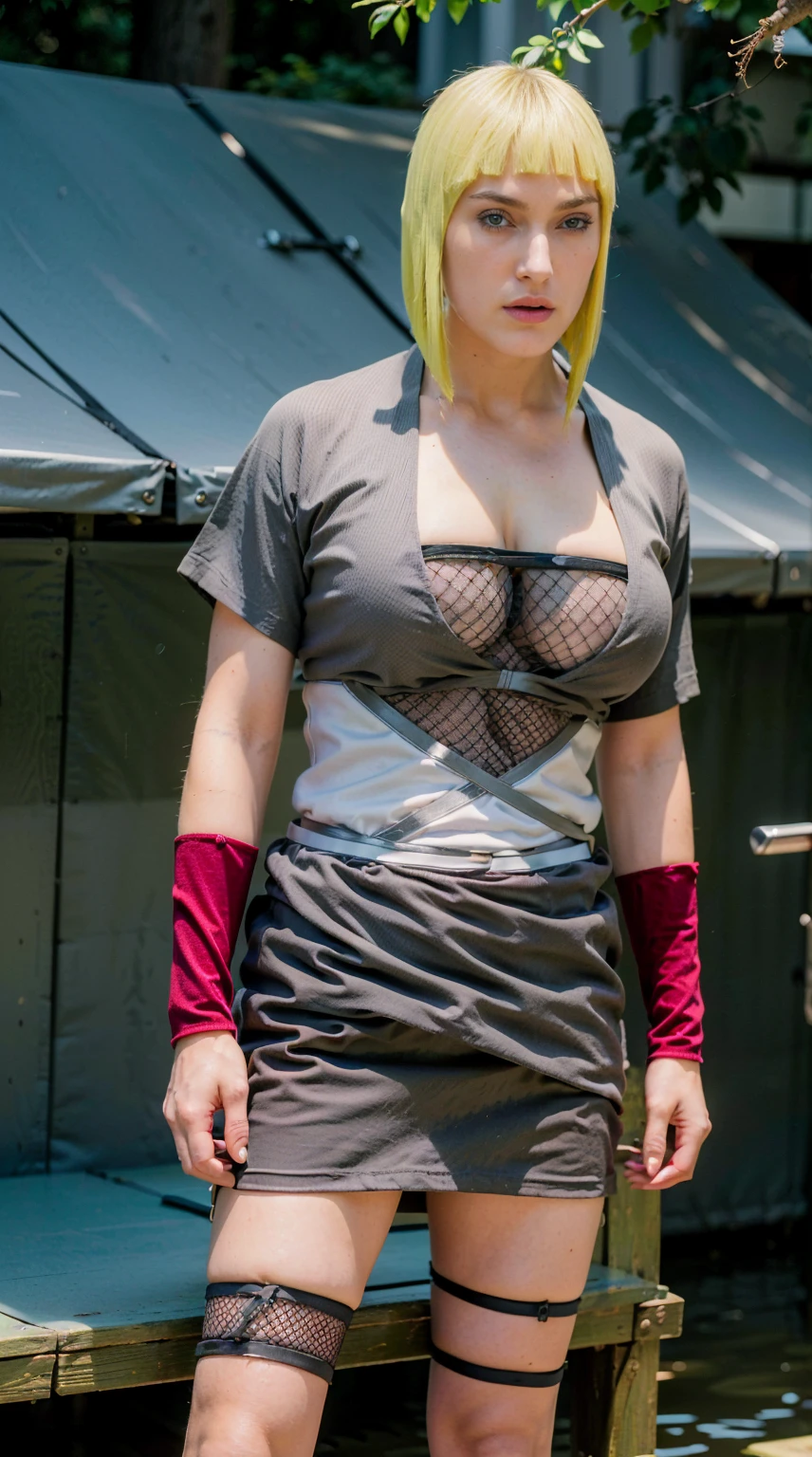 Masterpiece, Best quality,, (photorealistic1.4), (UHD), (epiCRealLife), (flashphoto),, (photorealistic1.4), (blonde hair Keira Knightley), (blonde samui),  (big breasts), (cleavage), (samui costume), , (samui black kimono, (Samui red arm vambraces), (Kimono white obi pad), (Kimono obi pad belt), (cowboy shots), (Keira Knightley look at viewers), (samui, blue eyes, short hair, bangs, blunt bangs, fishnets, dress, grey dress, skirt, grey skirt, (looking at viewers), (pose for pictures), (outdoor), (in a Japanese garden)