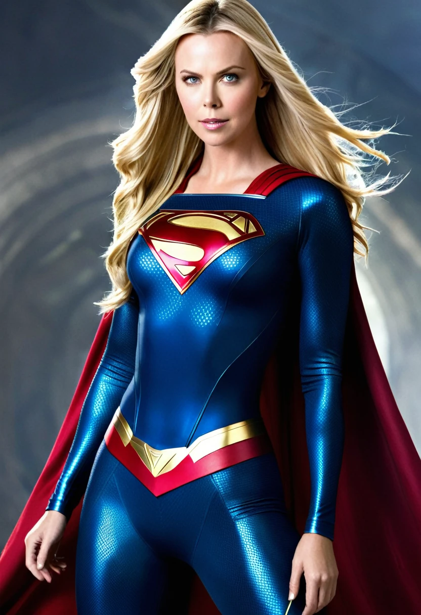 De primerísimo primer plano Charlize Theron under the mantle of the Kryptonian Kara Zor-The alias Supergirl,(((Traje Man Of Steel Movie))),(((extremely long blonde hair))),(((Traje Man Of Steel Movie))),(((Charlize Theron under the mantle of the Kryptonian Kara Zor-The alias Supergirl)))