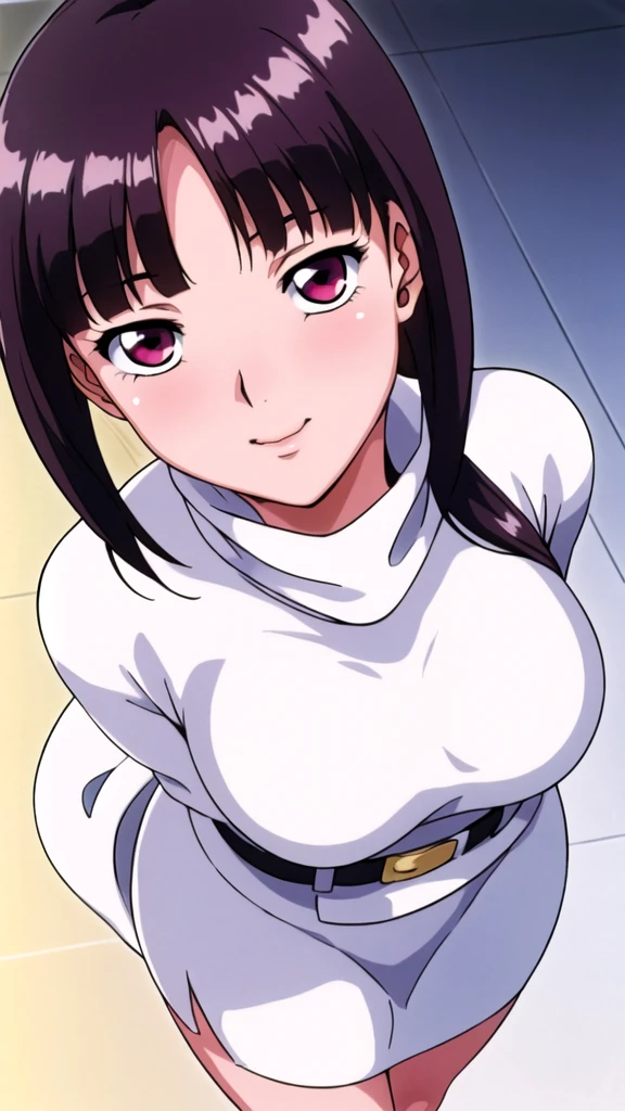 white turtleneck, black pencil skirt, white long skirt,white belt,hair ornament, hair scrunchie,low ponytail,
long hair,bangs, black hair, blunt bangs,big red eyes,alone, 1 girl,Young female, 18 years old, very cute, smile, Beautiful Finger,Beautiful long legs,Beautiful body,Beautiful Nose,Beautiful character design, perfect eyes, perfect face,expressive eyes, looking at viewer, in the center of the image,(light_smile:0.5), official art,extremely detailed CG unity 8k wallpaper, perfect lighting,Colorful, Bright_Front_face_Lighting,shiny skin, (masterpiece:1.0),(best_quality:1.0), ultra high res,4K,ultra-detailed, photography, 8K, HDR, highres, absurdres:1.2, Kodak portra 400, film grain, blurry background, bokeh:1.2, lens flare, (vibrant_color:1.2), (beautiful_face:1.5), (curvy body), ashamed, blushing, 