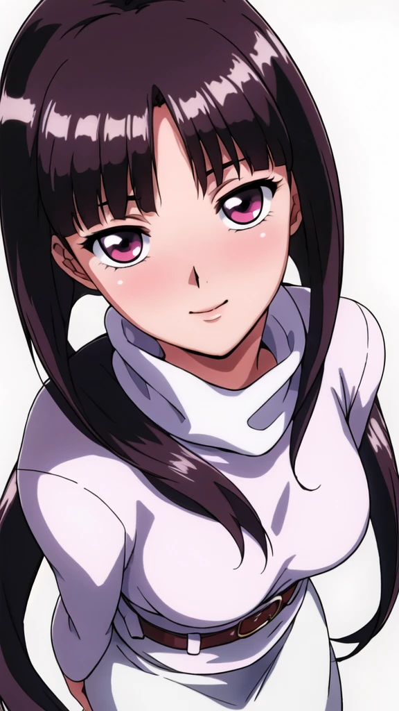 white turtleneck, black pencil skirt, white long skirt,white belt,hair ornament, hair scrunchie,low ponytail,
long hair,bangs, black hair, blunt bangs,big red eyes,alone, 1 girl,Young female, 18 years old, very cute, smile, Beautiful Finger,Beautiful long legs,Beautiful body,Beautiful Nose,Beautiful character design, perfect eyes, perfect face,expressive eyes, looking at viewer, in the center of the image,(light_smile:0.5), official art,extremely detailed CG unity 8k wallpaper, perfect lighting,Colorful, Bright_Front_face_Lighting,shiny skin, (masterpiece:1.0),(best_quality:1.0), ultra high res,4K,ultra-detailed, photography, 8K, HDR, highres, absurdres:1.2, Kodak portra 400, film grain, blurry background, bokeh:1.2, lens flare, (vibrant_color:1.2), (beautiful_face:1.5), (curvy body), ashamed, blushing,